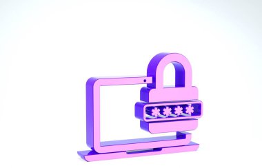 Beyaz arkaplanda şifreli ve kilit simgesi izole edilmiş mor dizüstü bilgisayar. Güvenlik, kişisel erişim, kullanıcı yetkisi, giriş formu. 3d illüstrasyon 3d canlandırma