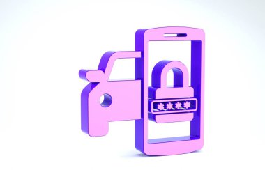 Mor Akıllı araba güvenlik sistemi simgesi beyaz arkaplanda izole edildi. Akıllı telefon telsizdeki araba güvenliğini kontrol ediyor. 3d illüstrasyon 3d canlandırma