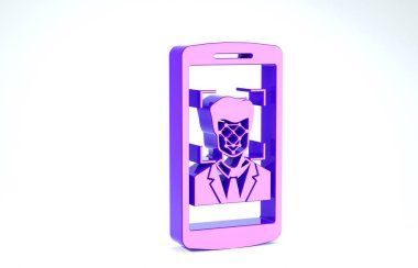 Mor cep telefonu ve yüz tanıma simgesi beyaz arkaplanda izole edilmiş. Yüz tanımlama simgesi. Yüz tanıma. Siber güvenlik. 3d illüstrasyon 3d canlandırma