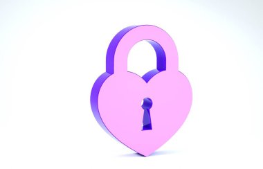 Mor Kale, beyaz arka planda izole edilmiş kalp simgesi şeklinde. Kilitli Kalp. Aşk sembolü ve anahtar deliği işareti. 3d illüstrasyon 3d canlandırma