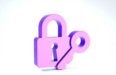 Mor Kilit ve anahtar simgesi beyaz arkaplanda izole edildi. Asma kilit işareti. Güvenlik, güvenlik, koruma, gizlilik kavramı. 3d illüstrasyon 3d canlandırma