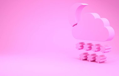 Pembe Bulut, kar ve ay ikonu pembe arka planda izole edilmiş. Kar taneli bulut. Tek hava ikonu. Kar tabelası. Minimalizm kavramı. 3d illüstrasyon 3d canlandırma