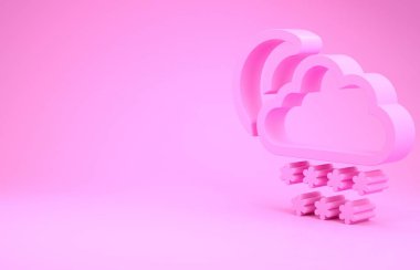 Pembe Bulut, kar ve ay ikonu pembe arka planda izole edilmiş. Kar taneli bulut. Tek hava ikonu. Kar tabelası. Minimalizm kavramı. 3d illüstrasyon 3d canlandırma