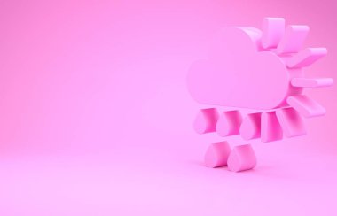 Pembe Bulutlu, yağmurlu ve pembe arka planda izole edilmiş güneş ikonu. Yağmur damlaları ile yağmur bulutu yağışı. Minimalizm kavramı. 3d illüstrasyon 3d canlandırma