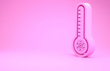 Pembe Meteoroloji termometresi pembe arka planda izole edilmiş ısı ve soğuk ikonu ölçer. Termometre termometresi sıcak ya da soğuk hava gösteriyor. Minimalizm kavramı. 3d illüstrasyon 3d canlandırma
