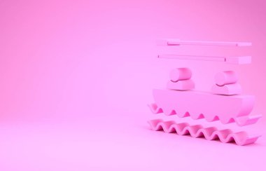 Kürekli pembe tekne ve pembe arka planda izole edilmiş insan ikonu. Su sporları, ekstrem sporlar, tatil, tatil, takım oluşturma. Minimalizm kavramı. 3d illüstrasyon 3d canlandırma