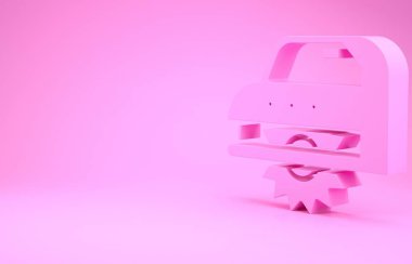 Pembe elektrikli testereyle pembe arka planda izole edilmiş çelik dişli disk simgesi. Tahta ya da metal kesmek için elektrikli el aleti. Minimalizm kavramı. 3d illüstrasyon 3d canlandırma