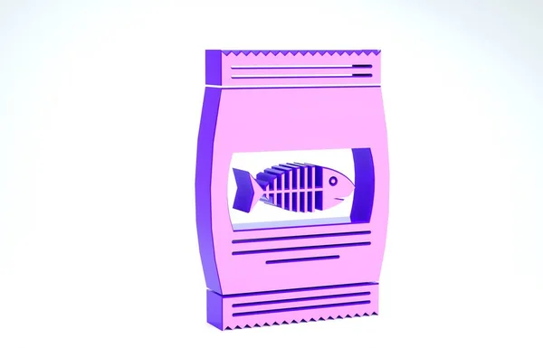 Saco roxo de comida para ícone de gato isolado no fundo branco. Sinal de esqueleto de peixe. Comida para animais. Pacote de alimentos para animais. 3D ilustração 3D render — Fotografia de Stock