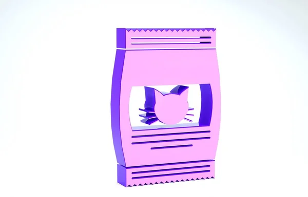 Saco roxo de comida para ícone de gato isolado no fundo branco. Comida para animais. Pacote de alimentos para animais. 3D ilustração 3D render — Fotografia de Stock