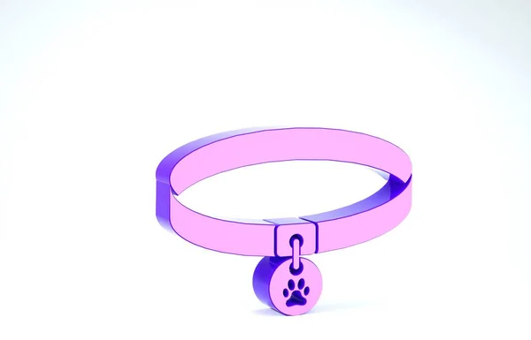 Collar púrpura con icono de etiqueta de nombre aislado sobre fondo blanco. Suministros para animales domésticos. Huella de pata de perro o gato. Cuidado de gatos y perros. Cadenas para mascotas. 3D ilustración 3D render —  Fotos de Stock