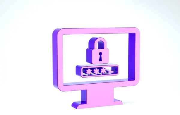 紫色监视器，带有密码通知和锁定图标隔离在白色背景。 安全性，个人访问，用户授权，登录表单。 3d说明3d — 图库照片