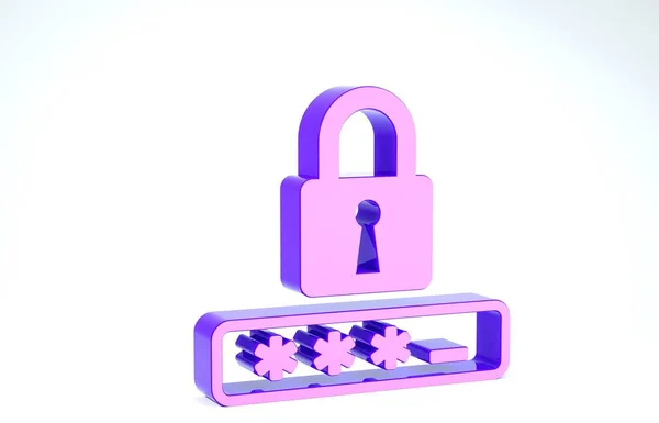 Violet Mot de passe protection et icône d'accès de sécurité isolé sur fond blanc. icône de verrouillage. Sécurité, sûreté, protection, concept de vie privée. Illustration 3D rendu 3D — Photo