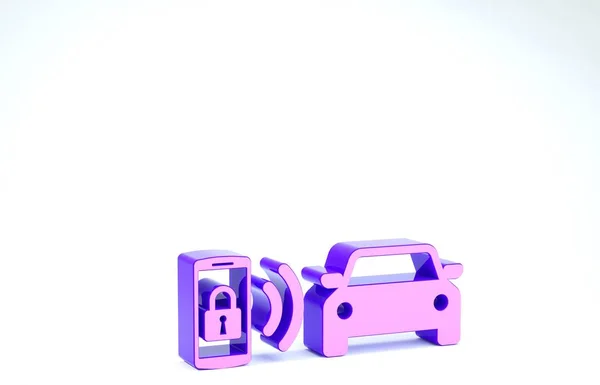 Ikona Purple Smart auto alarm systému izolované na bílém pozadí. Smartphone ovládá zabezpečení auta v rádiu. 3D ilustrace 3D vykreslení — Stock fotografie