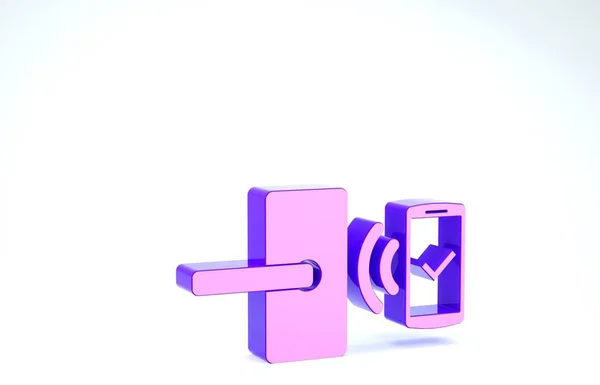 Cerradura de puerta digital púrpura con tecnología inalámbrica para desbloquear icono aislado sobre fondo blanco. Señal de la puerta. Hogar inteligente de seguridad. 3D ilustración 3D render —  Fotos de Stock
