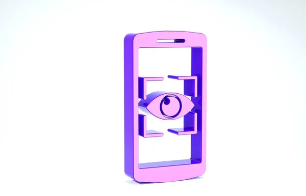보라색 휴대 전화와 눈 스캔 아이콘은 흰색 배경에서 분리됩니다. 눈 스캔. 보안 체크 심볼. 사이버 눈 표시. 3D 일러스트 3D 렌더링 — 스톡 사진