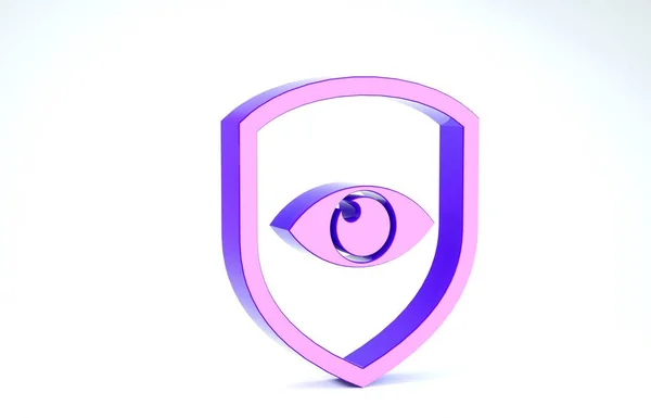 Фиолетовый щит и иконка глаза изолированы на белом фоне. Безопасность, безопасность, защита, концепция конфиденциальности. 3D-рендеринг — стоковое фото
