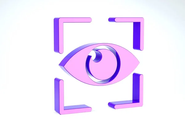 Фиолетовый значок сканирования глаза изолирован на белом фоне. Сканирующий глаз. Символ проверки безопасности. Знак кибер-глаза. 3D-рендеринг — стоковое фото