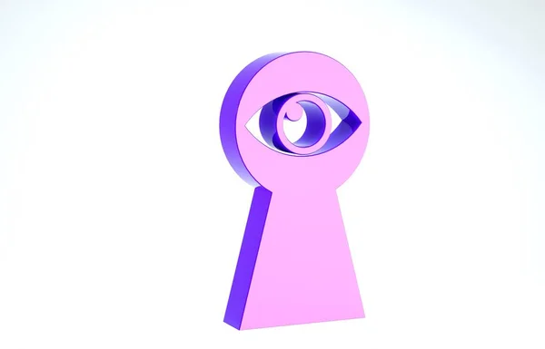 紫色钥匙孔与眼睛图标隔离在白色背景. 眼睛看着锁孔。 钥匙孔眼孔。 3d说明3d — 图库照片