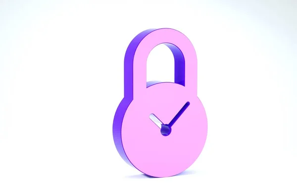 Lucchetto viola con icona dell'orologio isolata su sfondo bianco. Concetto di controllo del tempo. Blocco e conto alla rovescia, scadenza, orario, simbolo di pianificazione. Illustrazione 3d rendering 3D — Foto Stock