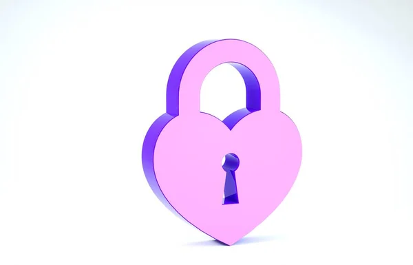 紫色城堡,心形图标,白色背景隔离. 锁定的心脏。 爱的象征和钥匙孔标志。 3d说明3d — 图库照片