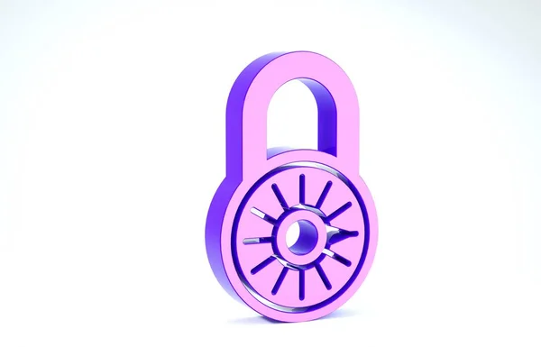 Viola Sicuro combinazione blocco icona ruota isolato su sfondo bianco. Lucchetto a combinazione. Sicurezza, protezione, protezione, password, privacy. Illustrazione 3d rendering 3D — Foto Stock