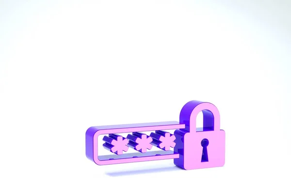 Protezione password viola e icona di accesso di sicurezza isolata su sfondo bianco. Icona della serratura. Sicurezza, protezione, protezione, privacy. Illustrazione 3d rendering 3D — Foto Stock