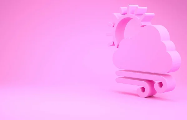 Ícone de tempo ventoso rosa isolado no fundo rosa. Nuvem com sol e vento. Conceito de minimalismo. 3D ilustração 3D render — Fotografia de Stock