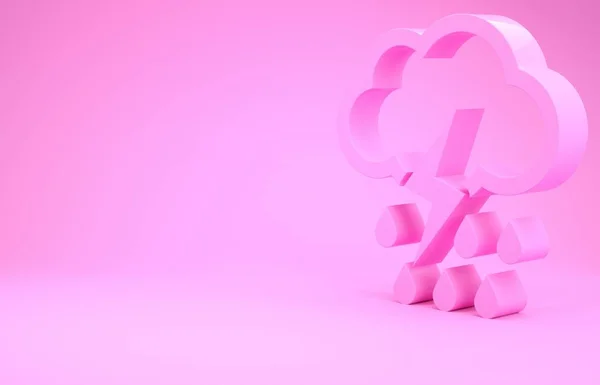 Pink Cloud with rain and lightning icon isolated on pink background. Rain cloud precipitation with rain drops.Weather icon of storm. Minimalism concept. 3d illustration 3D render