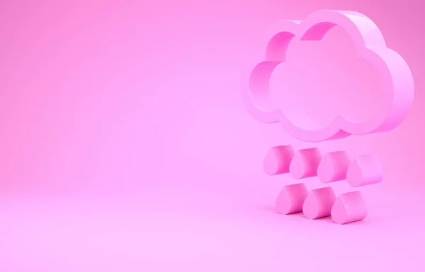 Nuvem rosa com ícone de chuva isolado no fundo rosa. Precipitação de nuvens de chuva com gotas de chuva. Conceito de minimalismo. 3D ilustração 3D render — Fotografia de Stock