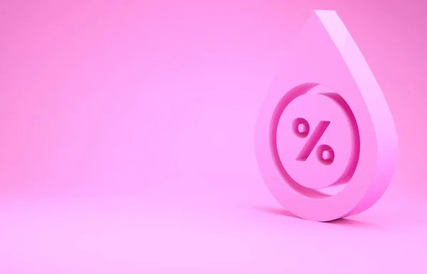 Rózsaszín vízcsepp százalékos ikon elszigetelt rózsaszín háttér. Páratartalom elemzés. Minimalizmus koncepció. 3d illusztráció 3d render — Stock Fotó