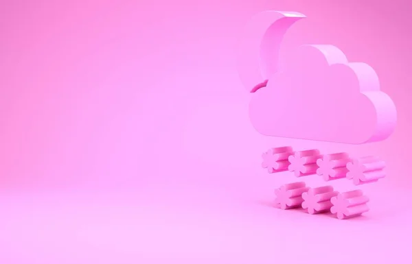 Pink Cloud with snow and moon icon isolated on pink background. Cloud with snowflakes. Single weather icon. Snowing sign. Minimalism concept. 3d illustration 3D render — ストック写真