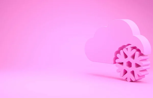 Nube rosa con icono de nieve aislado sobre fondo rosa. Nube con copos de nieve. Icono de tiempo único. Signo de niebla. Concepto minimalista. 3D ilustración 3D render —  Fotos de Stock