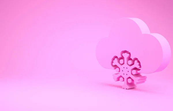 Nuvem rosa com ícone de neve isolado no fundo rosa. Nuvem com flocos de neve. Ícone meteorológico único. Sinal de nevar. Conceito de minimalismo. 3D ilustração 3D render — Fotografia de Stock