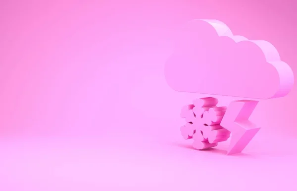 Nube rosa con nieve y relámpago icono aislado sobre fondo rosa. Nube con copos de nieve. Icono de tiempo único. Signo de niebla. Concepto minimalista. 3D ilustración 3D render —  Fotos de Stock