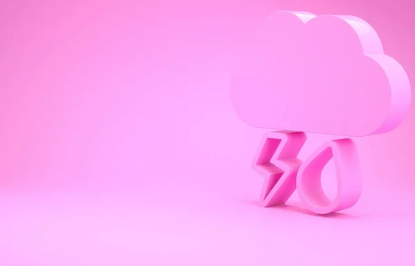 Nube rosa con la lluvia y relámpago icono aislado sobre fondo rosa. Precipitación de nubes de lluvia con gotas de lluvia.Icono meteorológico de la tormenta. Concepto minimalista. 3D ilustración 3D render —  Fotos de Stock