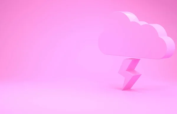 Ícone de tempestade rosa isolado no fundo rosa. Sinal de nuvem e relâmpago. Ícone meteorológico da tempestade. Conceito de minimalismo. 3D ilustração 3D render — Fotografia de Stock