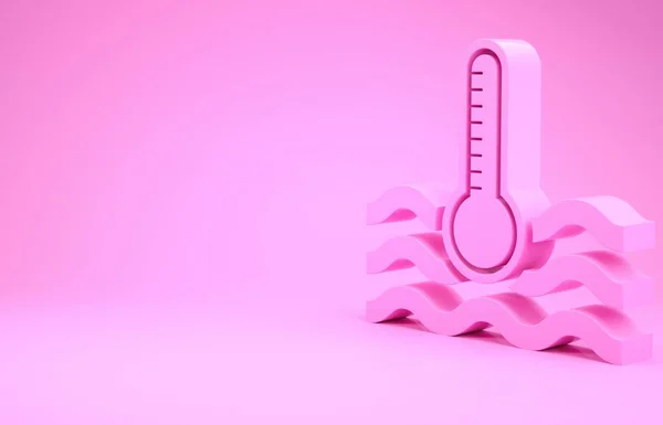 Рожевий водяний термометр, що вимірює тепло і холодну ікону, ізольовані на рожевому фоні. Термометр обладнання, що показує гарячу або холодну погоду. Концепція мінімалізму. 3D ілюстрація 3D рендеринга — стокове фото