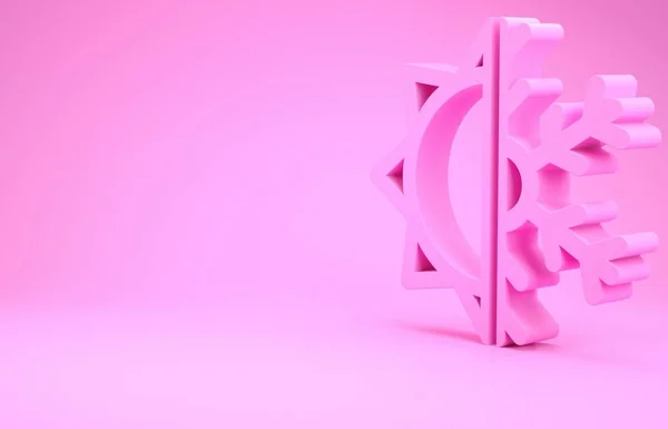 Рожевий гарячий і холодний символ. Піктограма сонця і сніжинки ізольовані на рожевому фоні. Зимовий і літній символ. Концепція мінімалізму. 3D ілюстрація 3D рендеринга — стокове фото