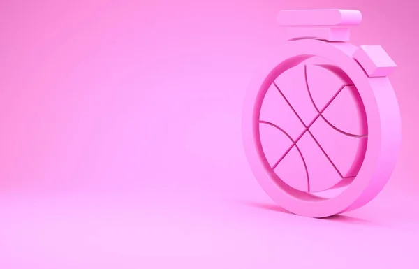 Pink Stopwatch com bola de basquete dentro ícone isolado no fundo rosa. Hora do basquetebol. Desporto e treino. Conceito de minimalismo. 3D ilustração 3D render — Fotografia de Stock