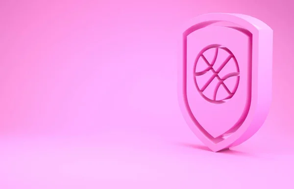 Розовый щит в баскетбольный мяч внутри значок изолирован на розовом фоне. Концепция минимализма. 3D-рендеринг — стоковое фото
