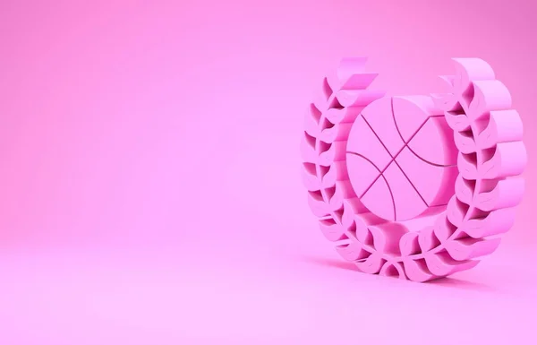Pink Award с иконкой баскетбольного мяча на розовом фоне. Венок Лорел. Трофей победителя. Чемпионский или конкурсный приз. Концепция минимализма. 3D-рендеринг — стоковое фото