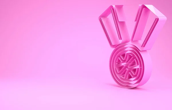 Розовая баскетбольная медаль с иконкой ленты на розовом фоне. Концепция минимализма. 3D-рендеринг — стоковое фото