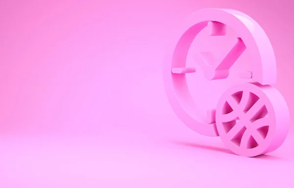 Рожевий годинник з баскетбольним м'ячем всередині значка ізольовано на рожевому фоні. Баскетбольний час. Спорт і тренування. Концепція мінімалізму. 3D ілюстрація 3D рендеринга — стокове фото
