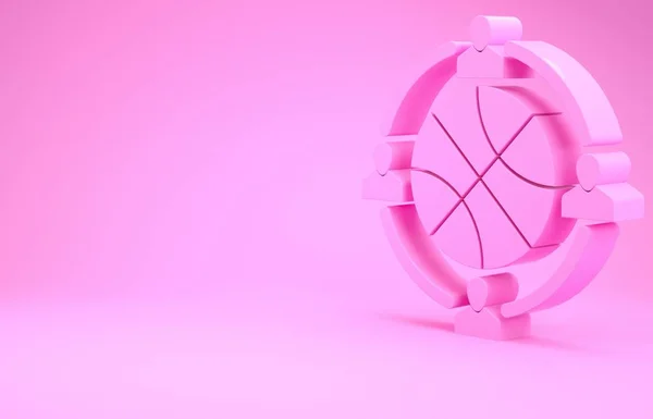 Розовые часы с баскетбольным мячом внутри значок изолирован на розовом фоне. Время баскетбола. Спорт и тренировки. Концепция минимализма. 3D-рендеринг — стоковое фото