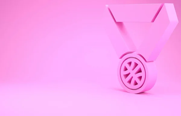 핑크 배경에 리본 아이콘으로 분리 된 분홍색 농구 메달. 최소성 개념. 3D 일러스트 3D 렌더링 — 스톡 사진