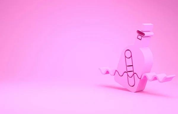 Розовый бутылка стекла с сообщением в воде значок изолирован на розовом фоне. Письмо в бутылке. Пиратский символ. Концепция минимализма. 3D-рендеринг — стоковое фото