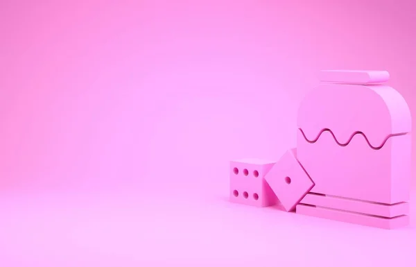 Ροζ Pirate παιχνίδι ζάρια εικονίδιο απομονώνονται σε ροζ φόντο. Τζόγος. Μινιμαλιστική έννοια. 3D απεικόνιση 3d καθιστούν — Φωτογραφία Αρχείου