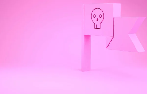 Ροζ πειρατική σημαία με κρανίο εικονίδιο απομονώνονται σε ροζ φόντο. Μινιμαλιστική έννοια. 3D απεικόνιση 3d καθιστούν — Φωτογραφία Αρχείου