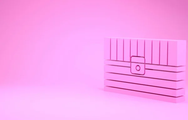 Icono del cofre del tesoro antiguo rosa aislado sobre fondo rosa. Cómoda de madera vintage con moneda dorada. Concepto minimalista. 3D ilustración 3D render —  Fotos de Stock