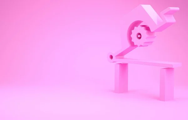 Růžový stůl pilka pro dřevoobrábění ikony izolované na růžovém pozadí. Elektrická pila. Minimalismus. 3D ilustrace 3D vykreslení — Stock fotografie